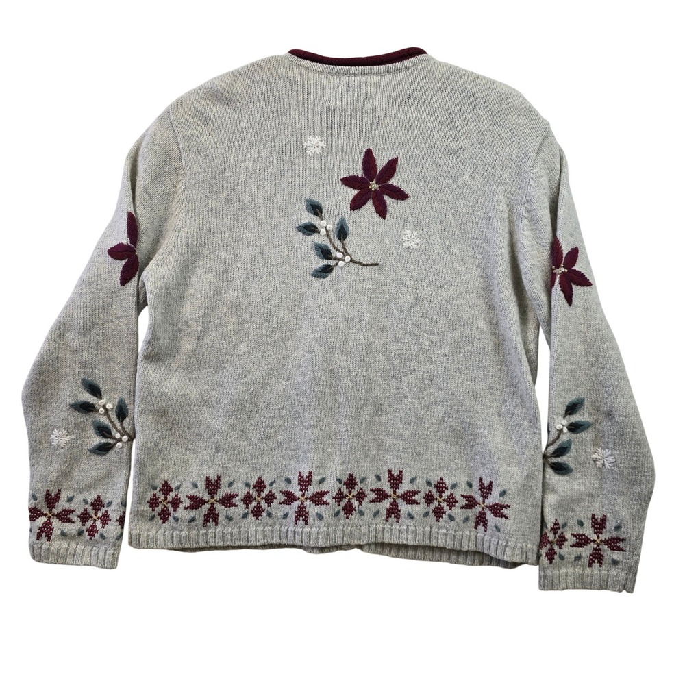 Christopher & Banks Vintage Hand Embroidered Cardigan Sweater L Gray Floral Cozy - Picture 2 of 7
